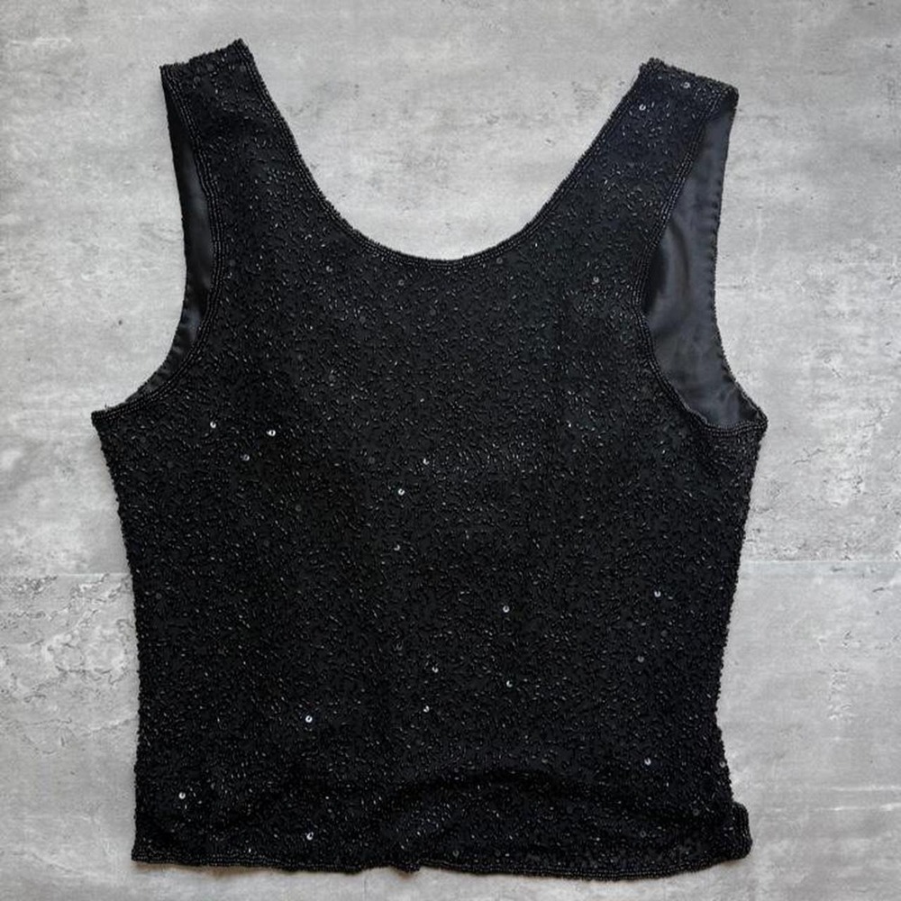 Scala Silk Black Sequin Beaded Tank Top Silver Accents XL Glam Party Evening